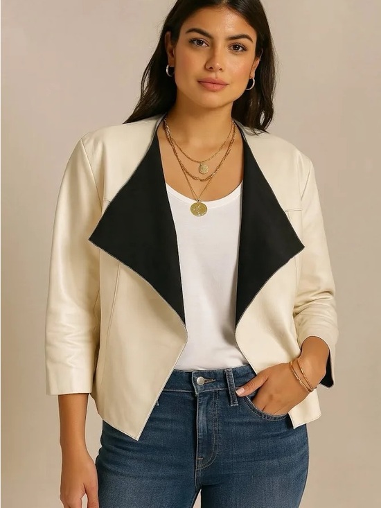 St. John Jackets & Blazers - ST. JOHN White Leather Open Front Moto Style Jacket
